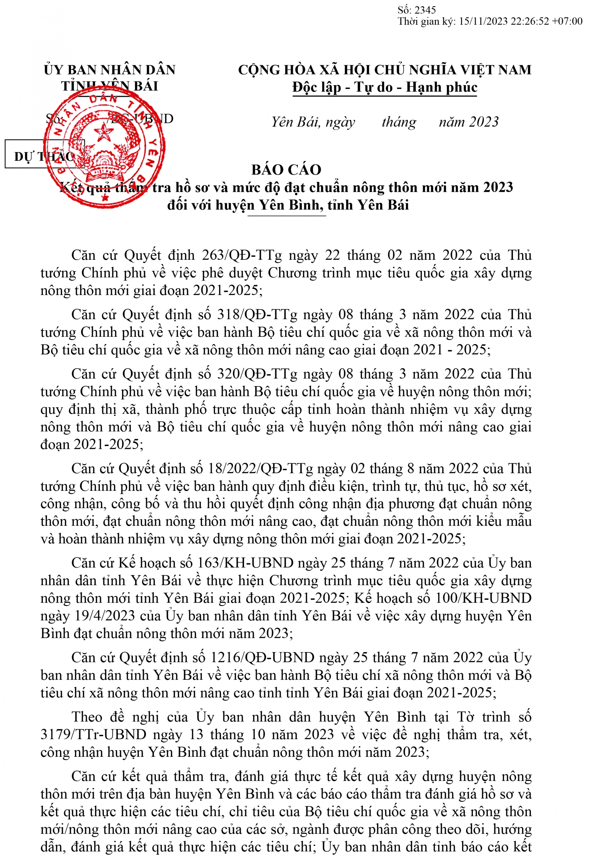 UBND tỉnh lấy ý kiến nhân dân về kết quả thẩm tra và mức độ đạt chuẩn NTM năm 2023 đối với huyện Yên Bình