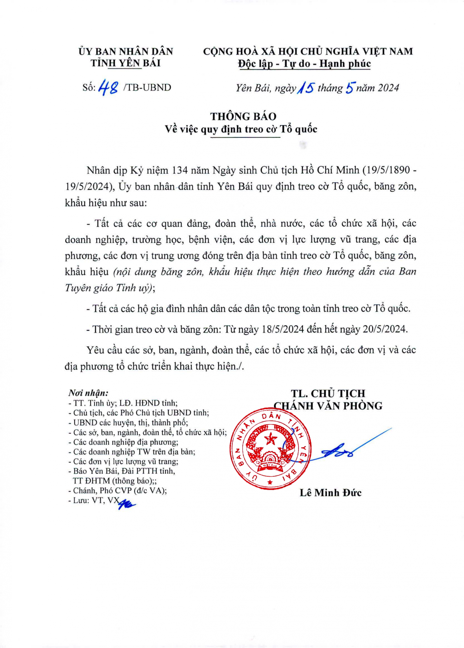 Quy định treo cờ Tổ quốc nhân dịp Kỷ niệm 134 năm Ngày sinh Chủ tịch Hồ Chí Minh