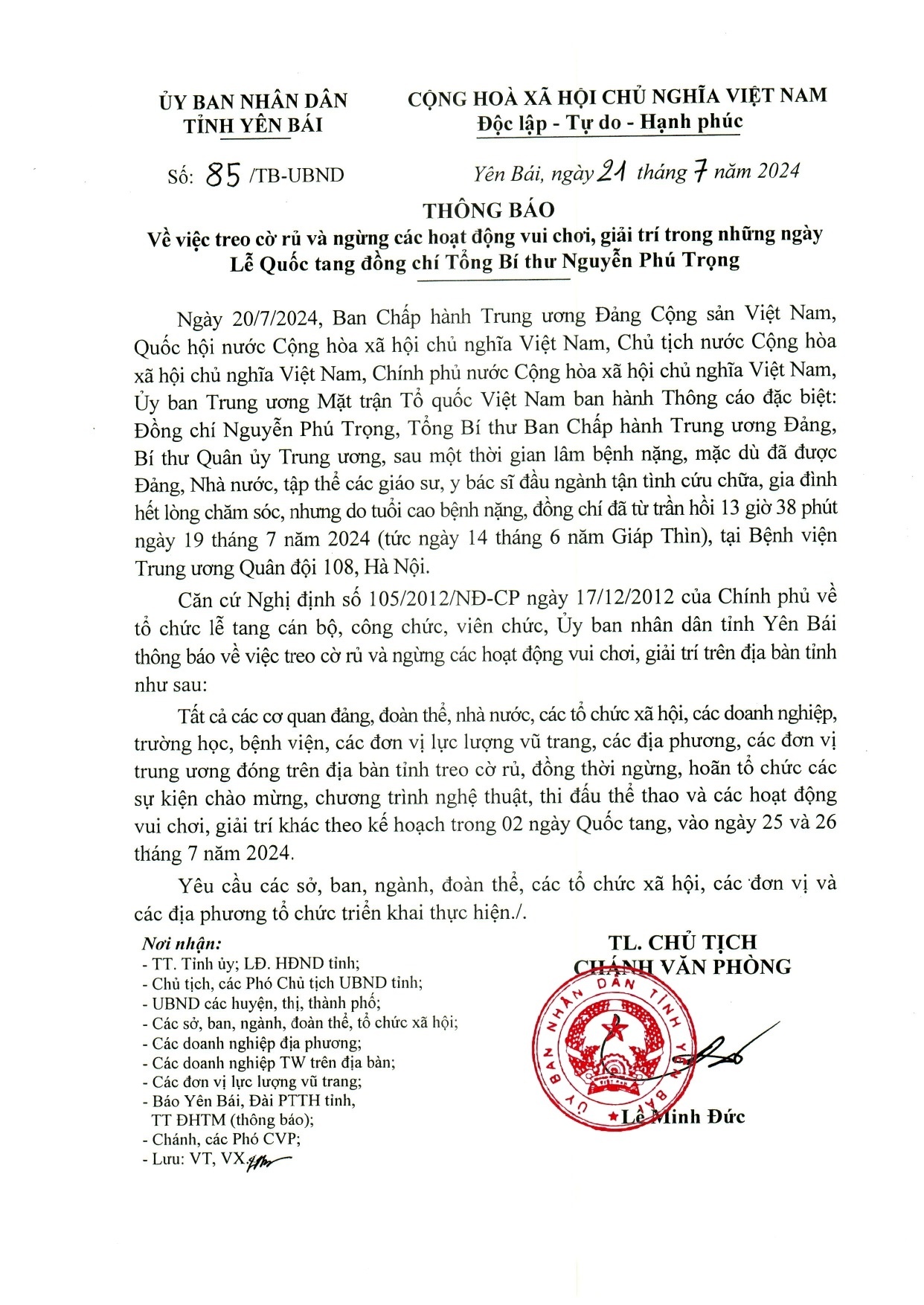 Yên Bái: Treo cờ rủ và ngừng các hoạt động vui chơi, giải trí trong 2 ngày Quốc tang đồng chí Tổng Bí thư Nguyễn Phú Trọng