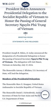 Nhà Trắng công bố Phái đoàn đại diện Tổng thống Hoa Kỳ sang viếng Tổng Bí thư
