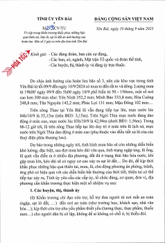 Công văn hoả tốc của Tỉnh uỷ Yên Bái về việc  tập trung khẩn trương khắc phục những hậu quả thiên tai, bão lũ, sạt lở đất do ảnh hưởng của hoàn lưu Bã