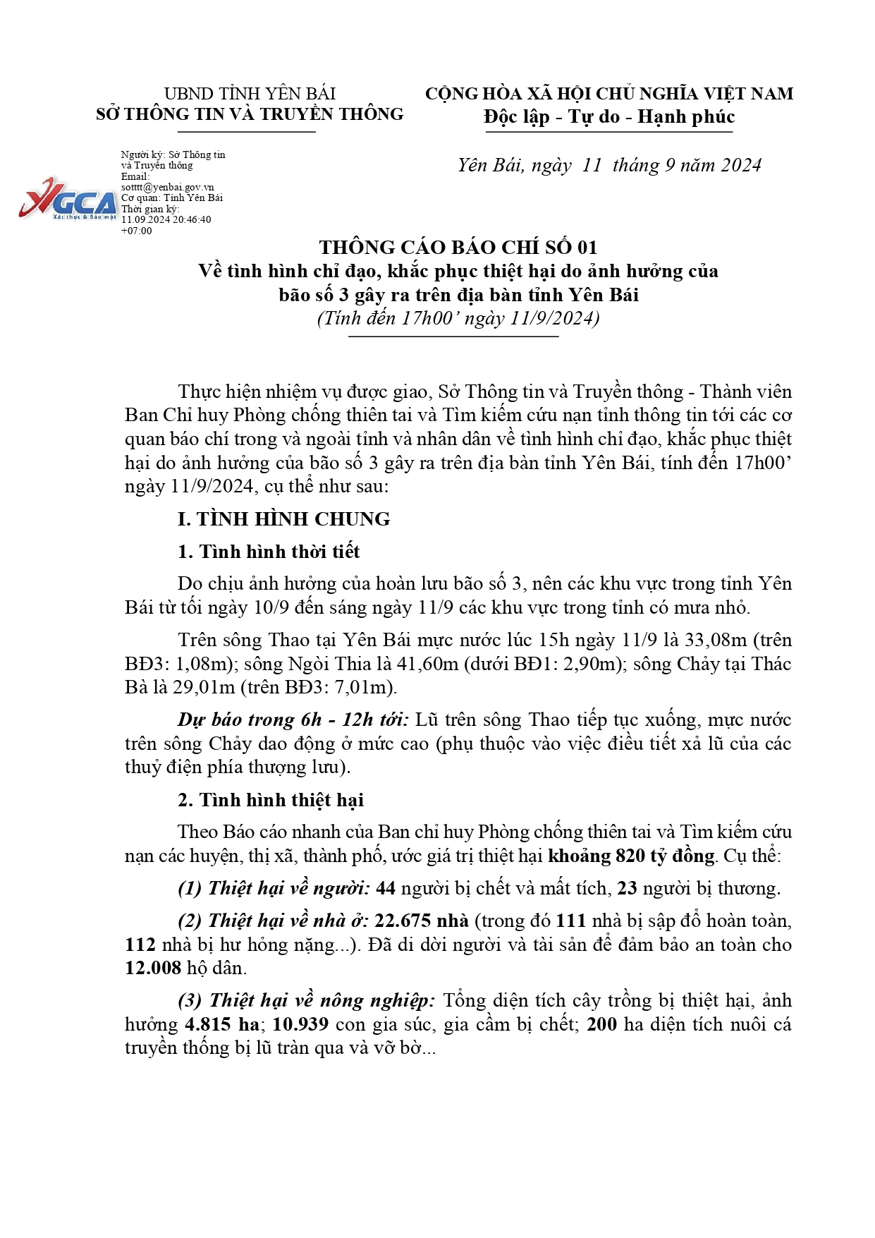 Thông cáo báo chí số 1 về tình hình chỉ đạo, khắc phục thiệt hại do ảnh hưởng của bão số 3 gây ra trên địa bàn tỉnh Yên Bái