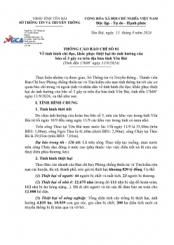 Thông cáo báo chí số 1 về tình hình chỉ đạo, khắc phục thiệt hại do ảnh hưởng của bão số 3 gây ra trên địa bàn tỉnh Yên Bái