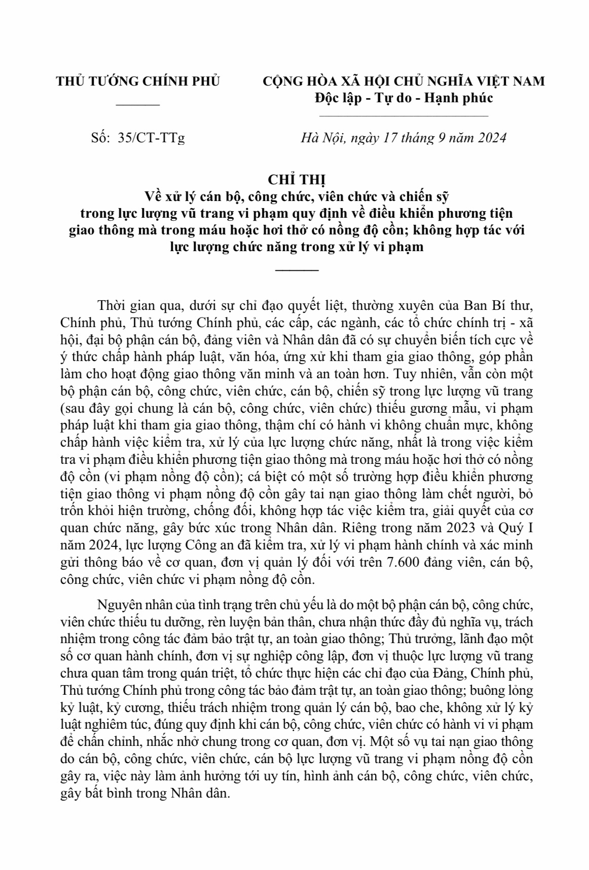 CHỈ THỊ của Thủ tướng Chính phủ về xử lý cán bộ, công chức, viên chức và chiến sỹ trong LLVT vi phạm nồng độ cồn khi điều khiển phương tiện giao thông