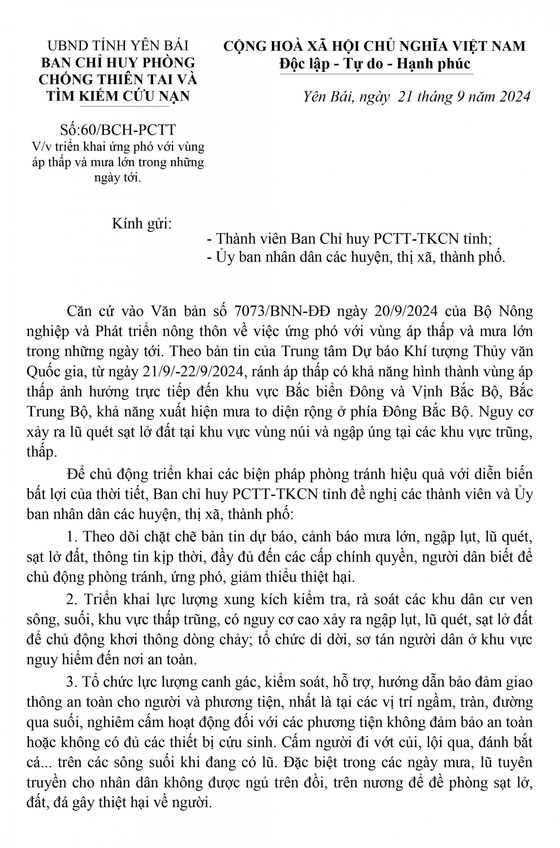 Yên Bái cảnh báo mưa lớn, ngập lụt, lũ quét, sạt lở đất do ảnh hưởng vùng áp thấp