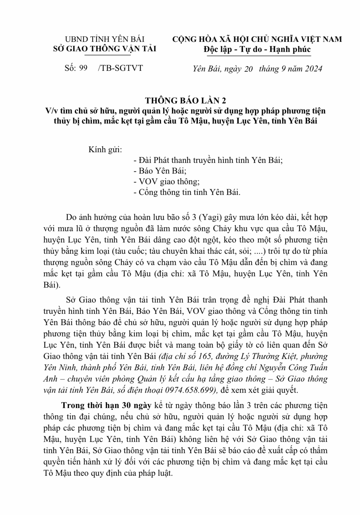 Thông báo lần 2 về việc tìm chủ sở hữu, người quản lý hoặc người sử dụng hợp pháp phương tiện thuỷ bị chìm, mắc kẹt tại gầm cầu Tô Mậu, huyện Lục Yên