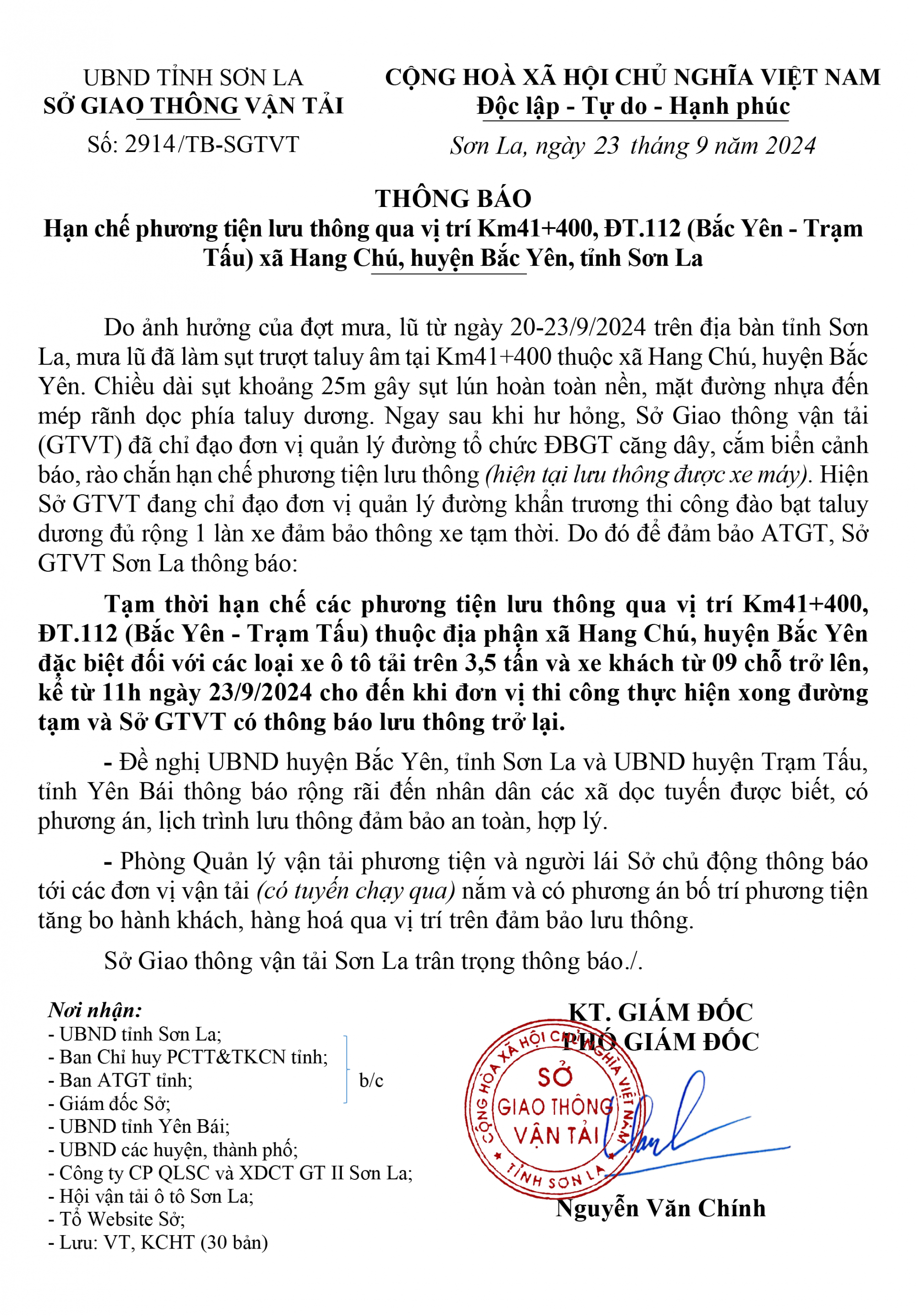 Hạn chế phương tiện lưu thông qua đường tỉnh  112 (Bắc Yên - Trạm Tấu), đoạn qua xã Hang Chú, huyện Bắc Yên, tỉnh Sơn La