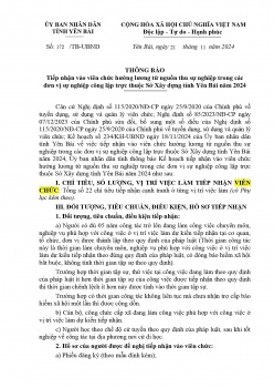 Thông báo tiếp nhận vào viên chức hưởng lương từ nguồn thu sự nghiệp trong các đơn vị sự nghiệp công lập trực thuộc Sở Xây dựng tỉnh Yên Bái
