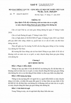 Thông tư Quy định về tốc độ và khoảng cách an toàn của xe cơ giới, xe máy chuyên dùng tham gia giao thông trên đường bộ