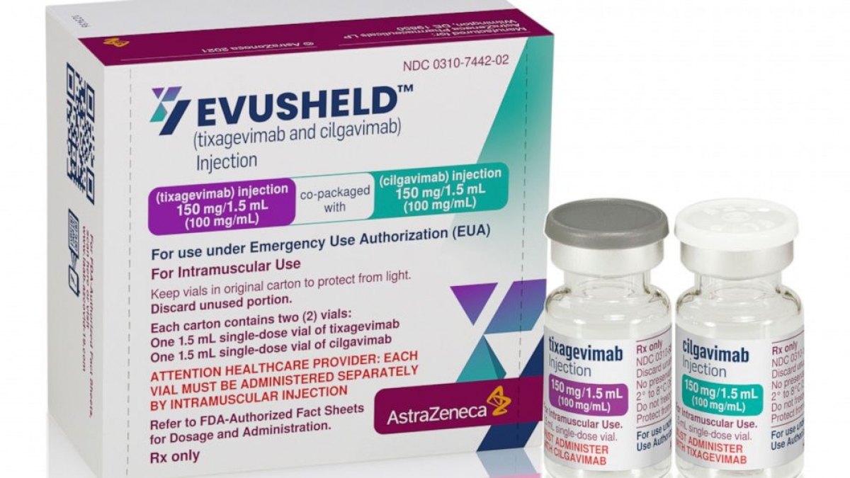 Thuốc kháng thể Evusheld của AstraZeneca là dung dịch hỗn hợp của 2 kháng thể đơn dòng tixagevimab và cilgavimab.