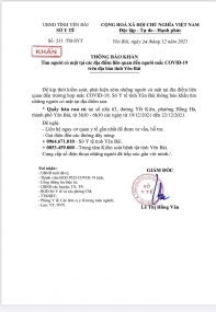 Thông báo khẩn tìm người có mặt tại các địa điểm liên quan đến người mắc COVID-19 trên địa bàn tỉnh Yên Bái
