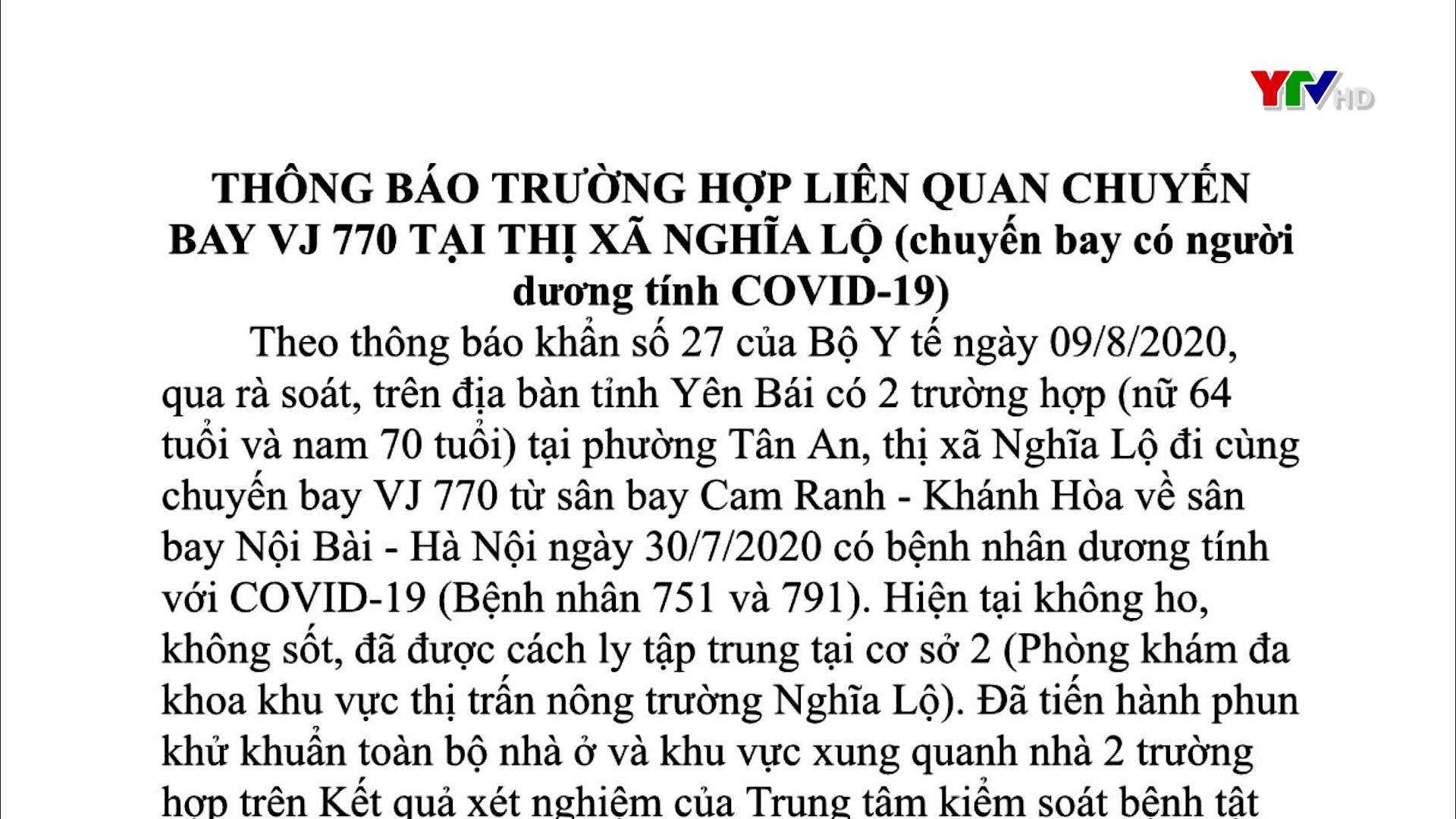 Đã có kết quả xét nghiệm của 2 trường hợp tại thị xã Nghĩa Lộ đi cùng chuyến bay có bệnh nhân dương tính với COVID-19