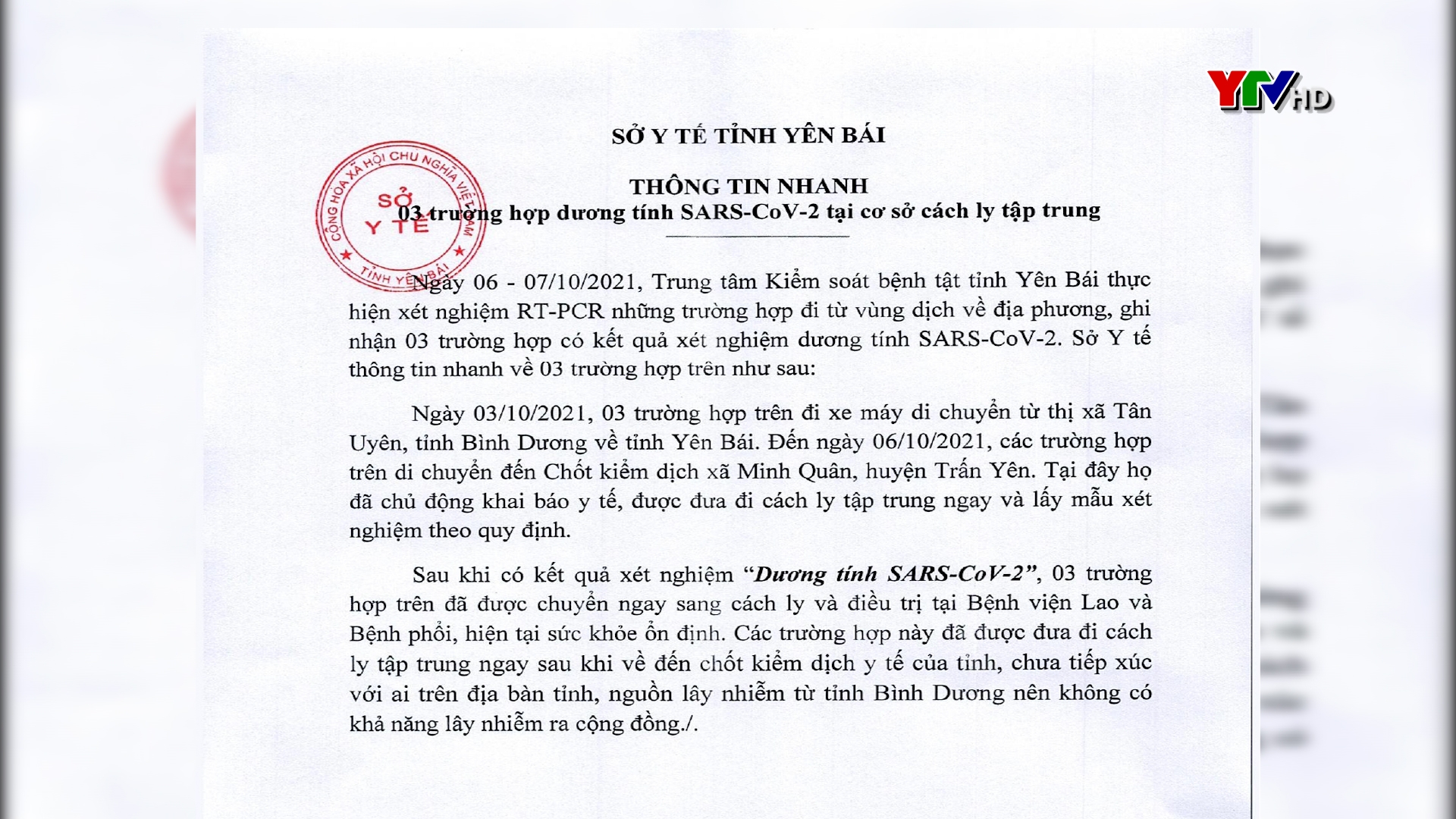 3 trường hợp từ Bình Dương về Yên Bái tại cơ sở cách ly tập trung dương tính với SAR-CoV-2