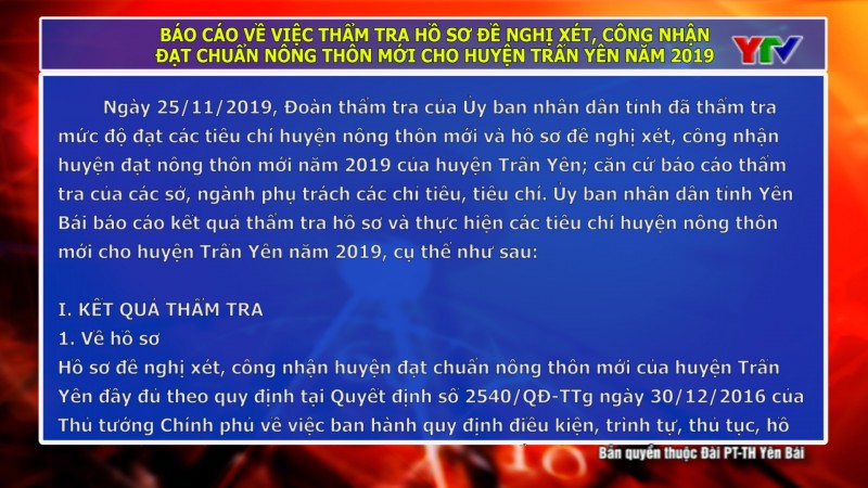 Báo cáo kết quả thẩm tra huyện Trấn Yên đạt chuẩn NTM năm 2019 xin ý kiến nhân dân trên địa bàn tỉnh