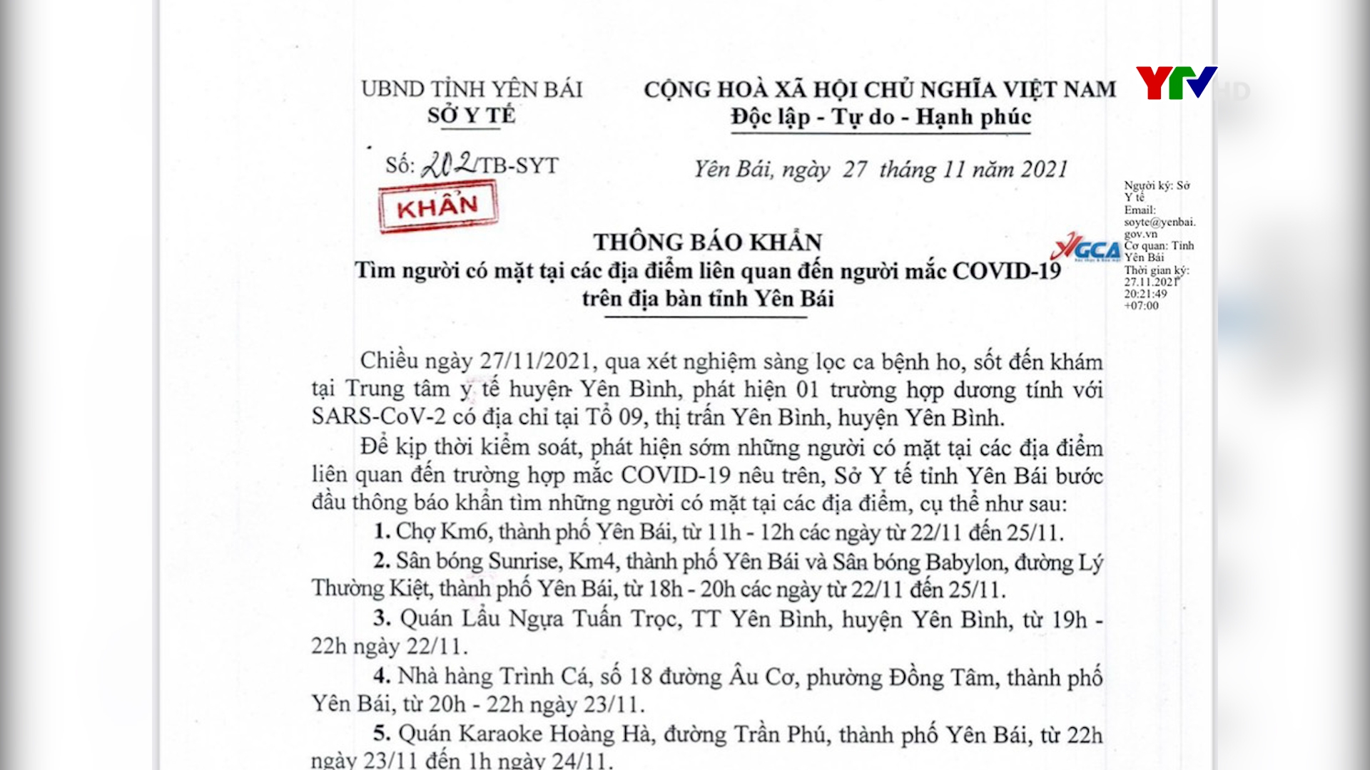 Thông báo khẩn: Tìm người có mặt tại các địa điểm liên quan đến người mắc COVID-19 trên địa bàn tỉnh Yên Bái